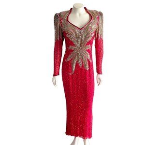 Vintage Red Gold Sequin Bead Gown Le Monde fashion 80s Holiday Dress